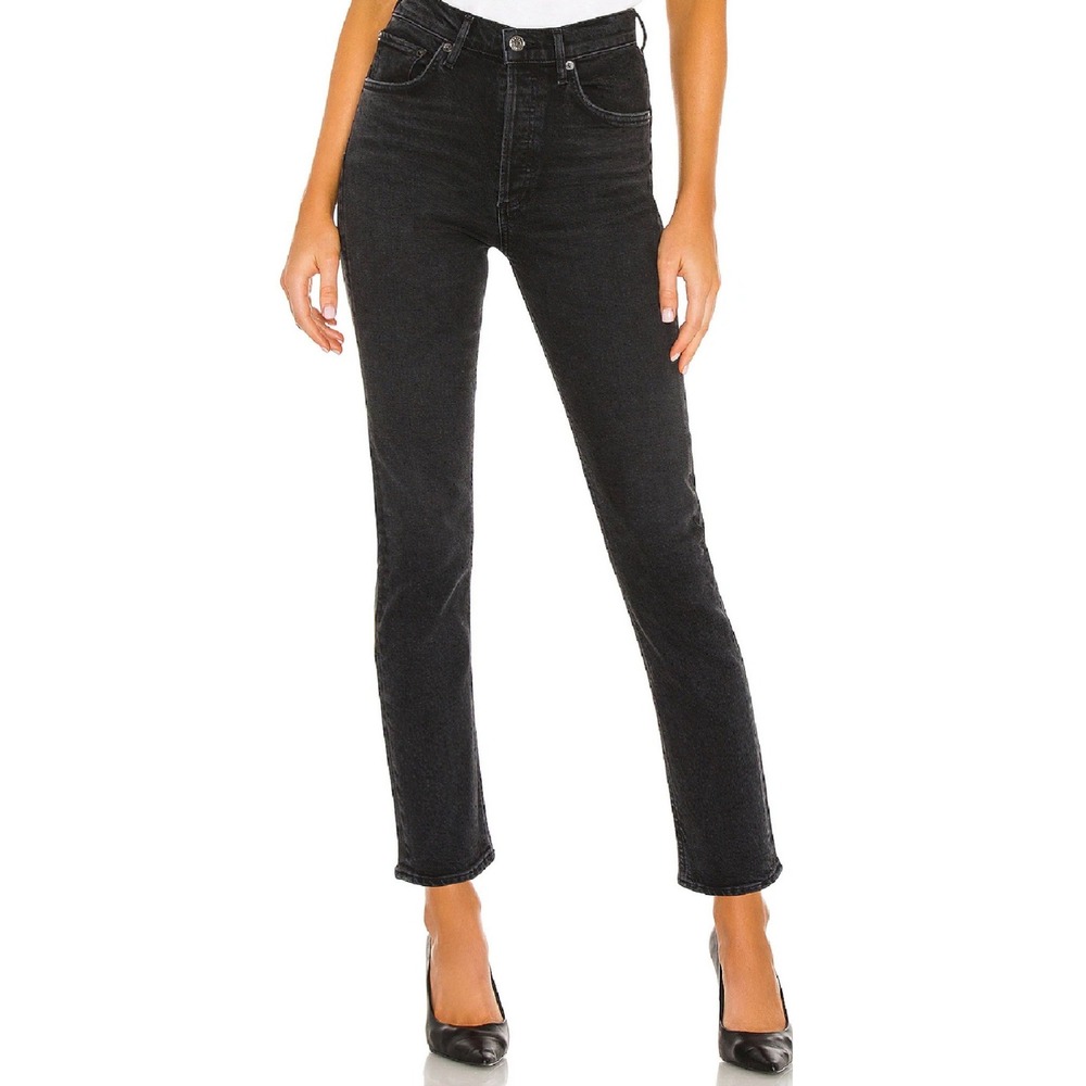 Agolde Riley High Rise Straight Crop Jeans Panoramic Black Womens Size 26 Denim